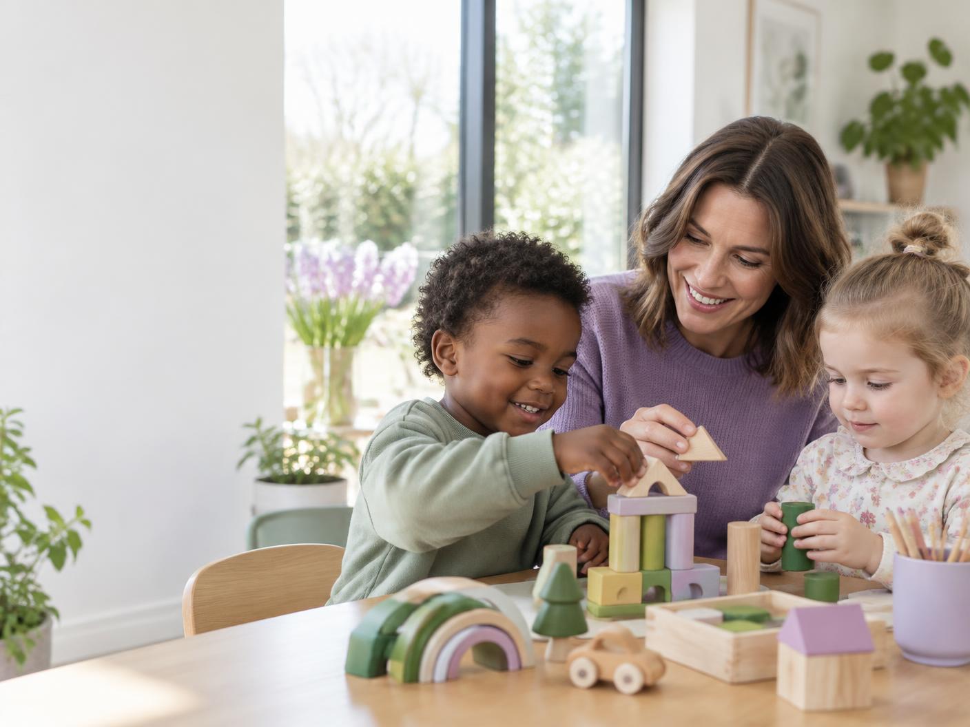 Childminder playing with two young children in a bright home setting