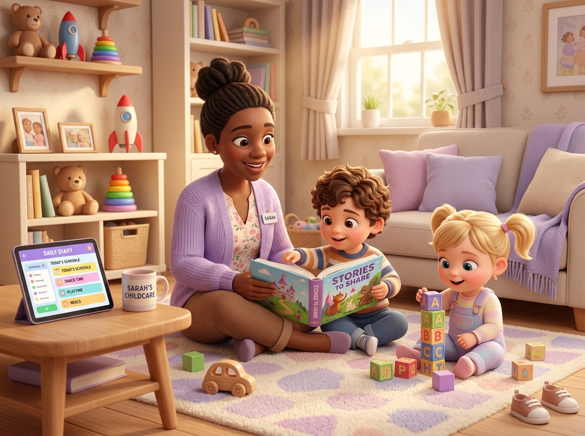 Childminder reading with children on a cozy rug in a home setting with digital daily diary tablet
