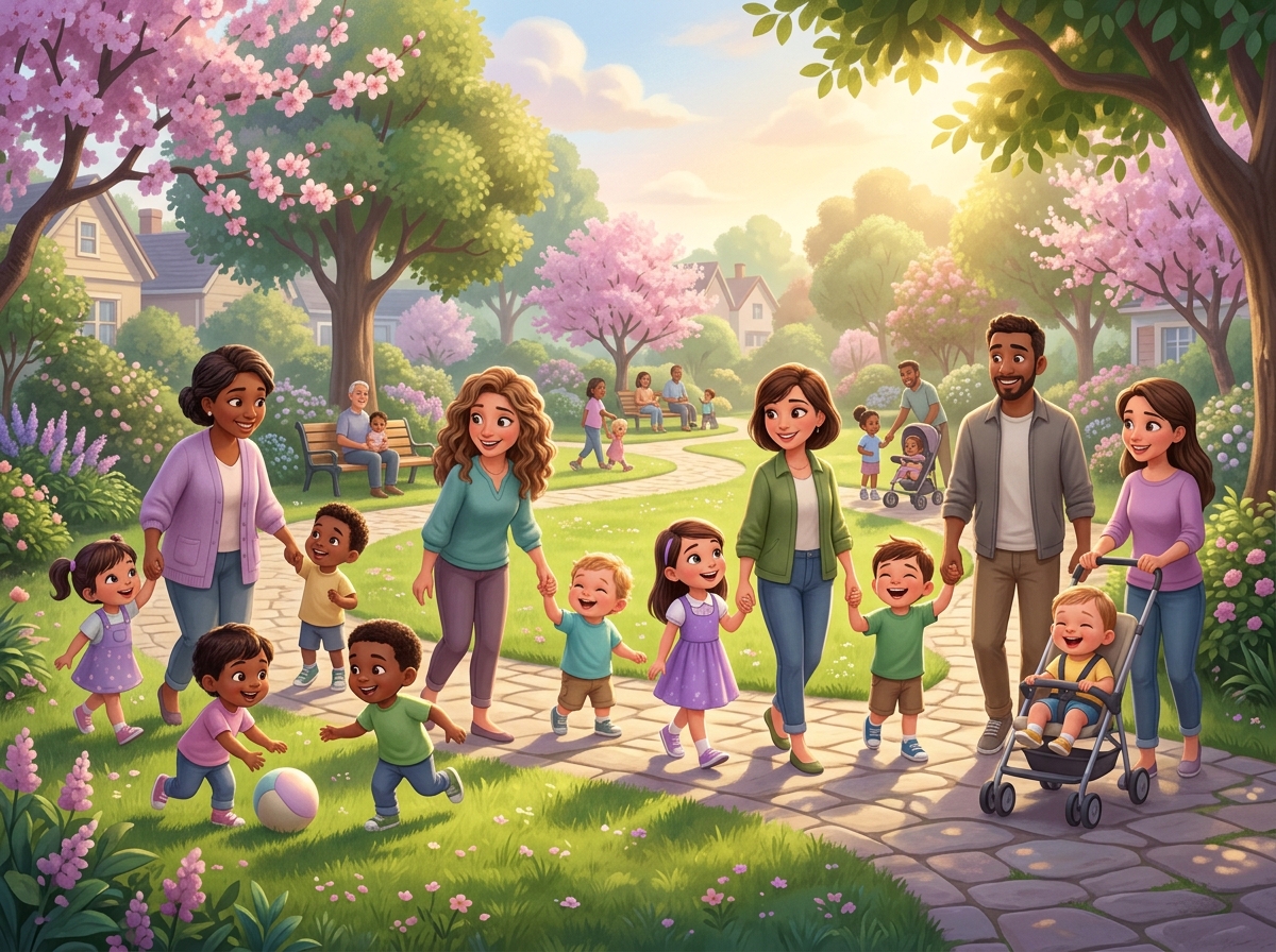 Community network of childminders, families, and young children in a sunny neighborhood green park